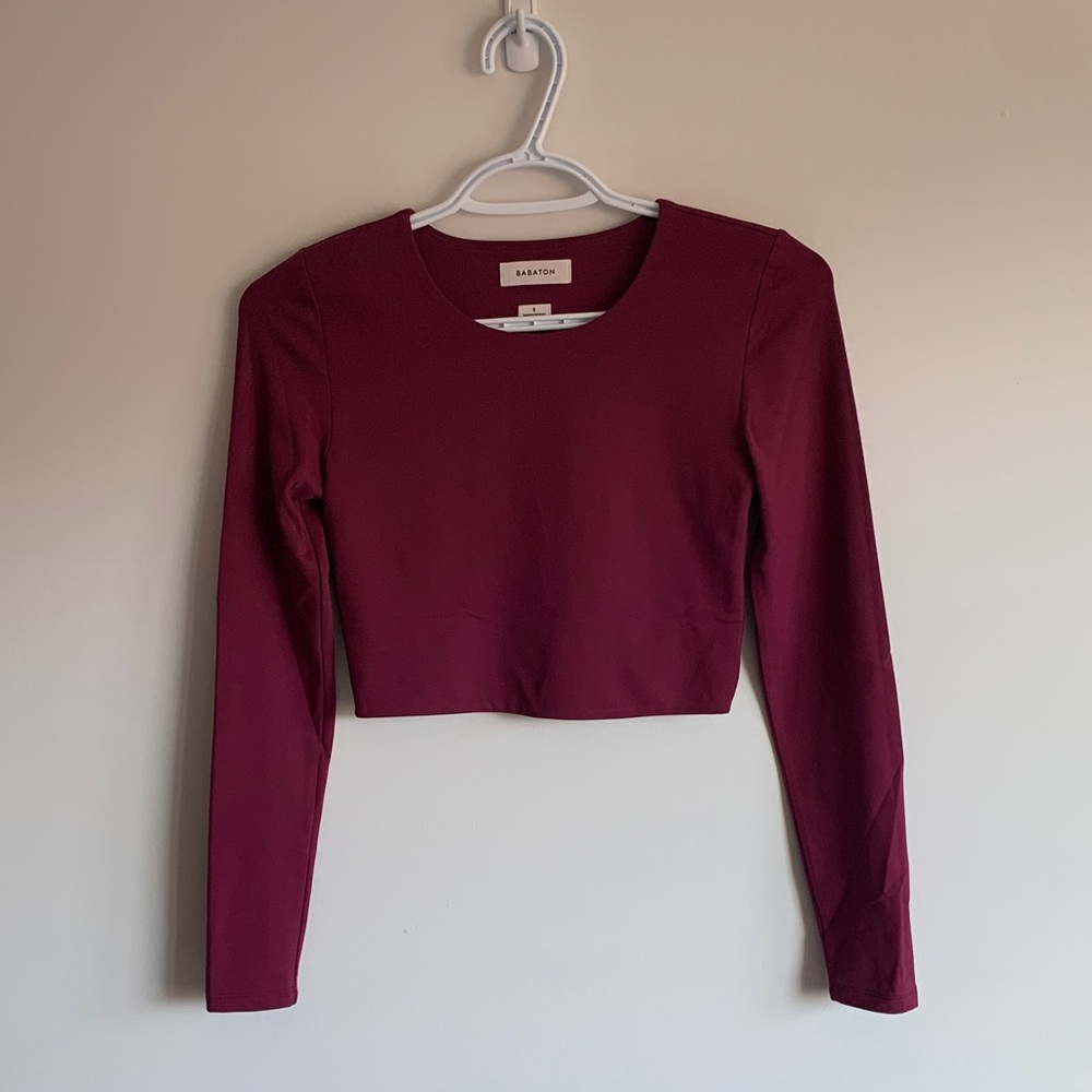 Babaton Cropped Long-Sleeve Top in Burgundy Wine